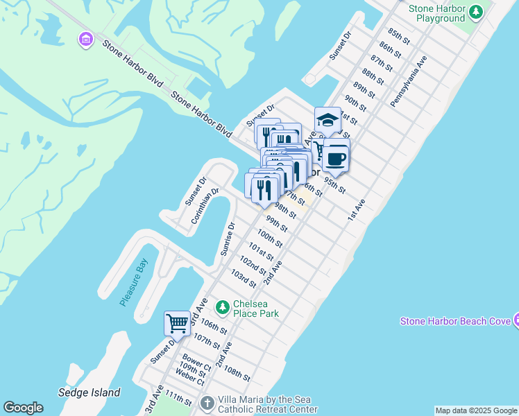 map of restaurants, bars, coffee shops, grocery stores, and more near 300 99th Street in Stone Harbor