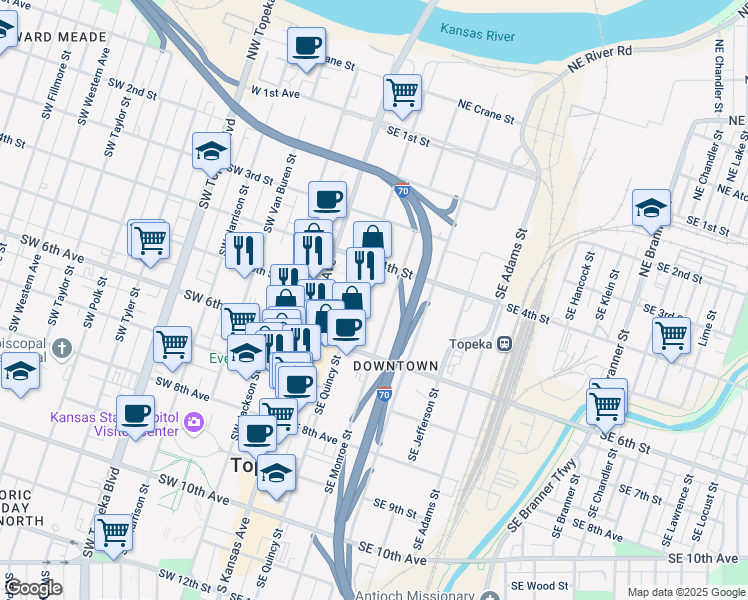 map of restaurants, bars, coffee shops, grocery stores, and more near 444 Southeast Quincy Street in Topeka