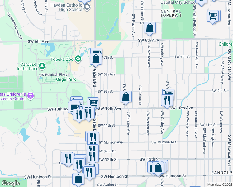 map of restaurants, bars, coffee shops, grocery stores, and more near 905 Southwest Orleans Street in Topeka