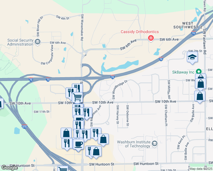 map of restaurants, bars, coffee shops, grocery stores, and more near 900 Southwest Robinson Avenue in Topeka
