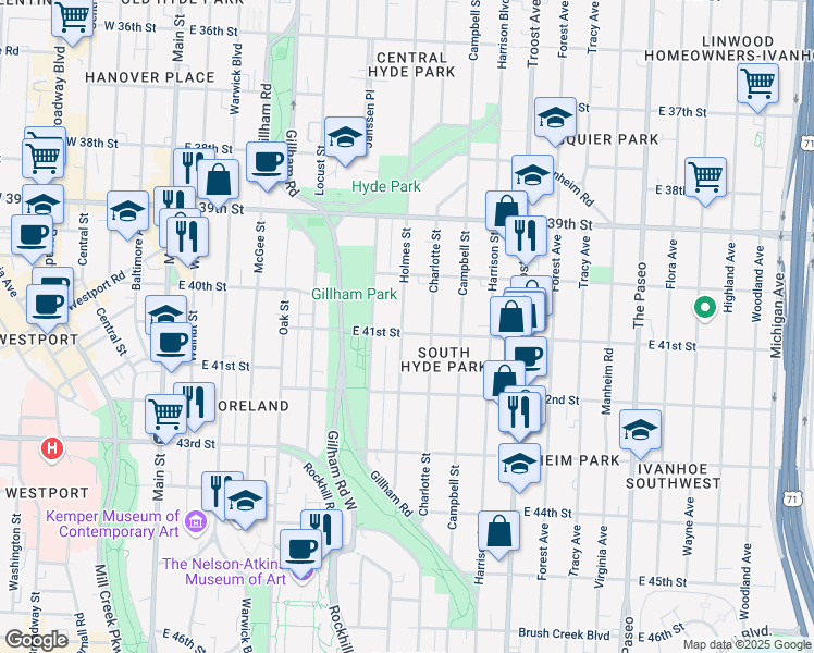 map of restaurants, bars, coffee shops, grocery stores, and more near 707 East 41st Street in Kansas City