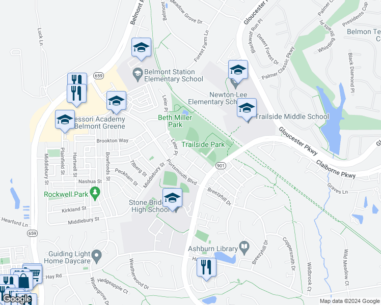 map of restaurants, bars, coffee shops, grocery stores, and more near 20364 Mount Pleasant Terrace in Ashburn