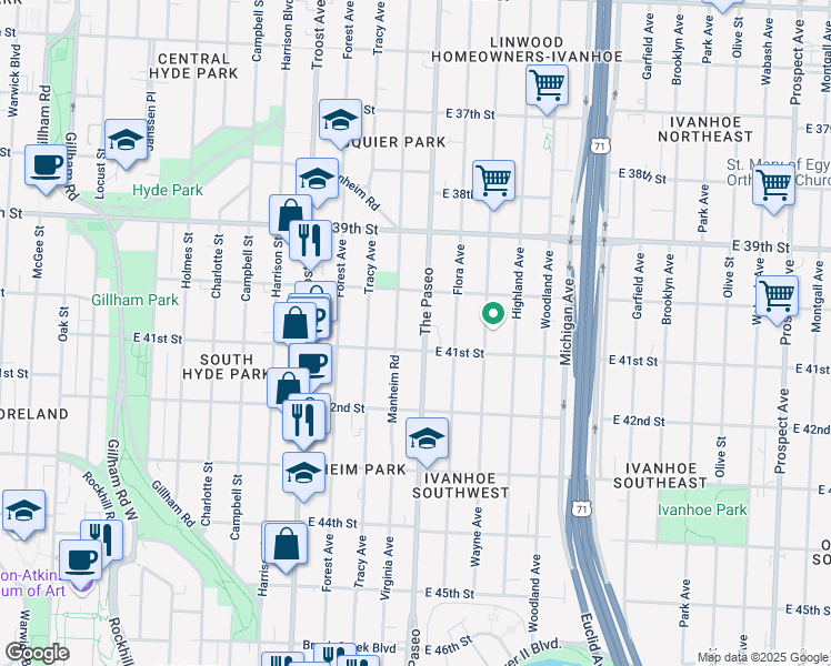map of restaurants, bars, coffee shops, grocery stores, and more near 4043 The Paseo in Kansas City