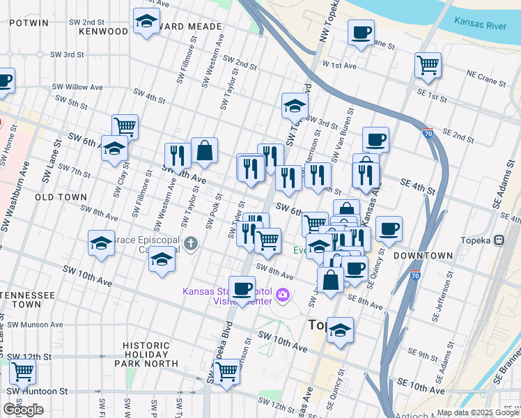 map of restaurants, bars, coffee shops, grocery stores, and more near 634-698 Southwest Topeka Boulevard in Topeka