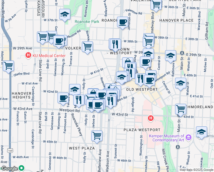 map of restaurants, bars, coffee shops, grocery stores, and more near 4157 Roanoke Road in Kansas City