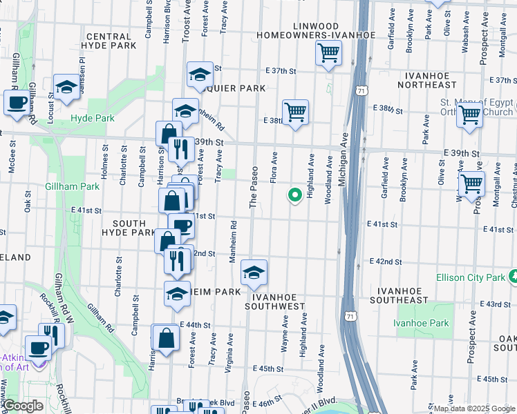 map of restaurants, bars, coffee shops, grocery stores, and more near 4043 The Paseo in Kansas City