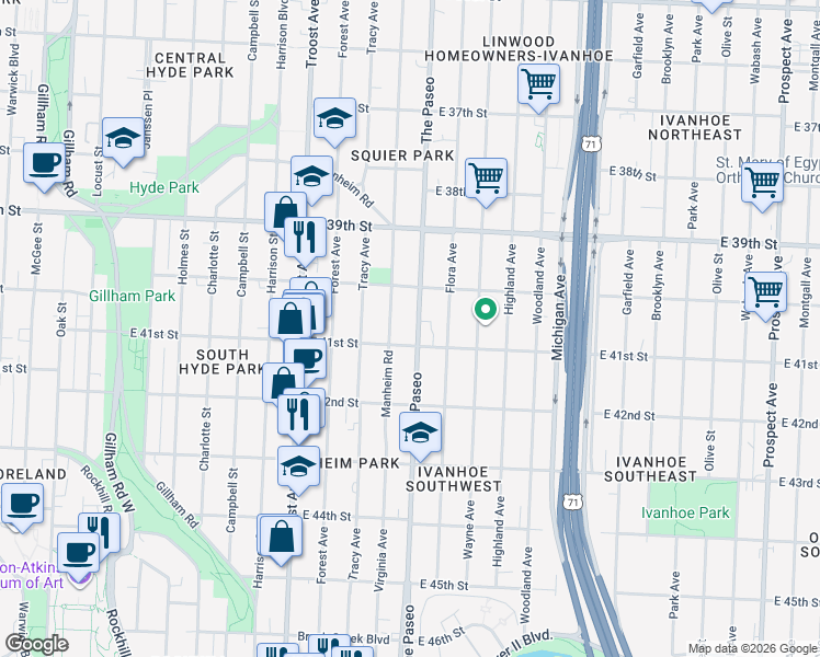 map of restaurants, bars, coffee shops, grocery stores, and more near 4043 The Paseo in Kansas City