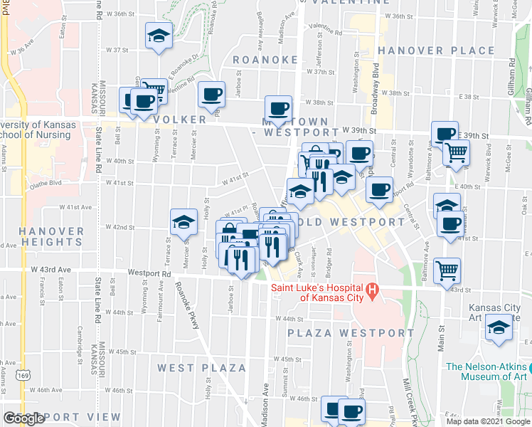 map of restaurants, bars, coffee shops, grocery stores, and more near 4201 Roanoke Road in Kansas City