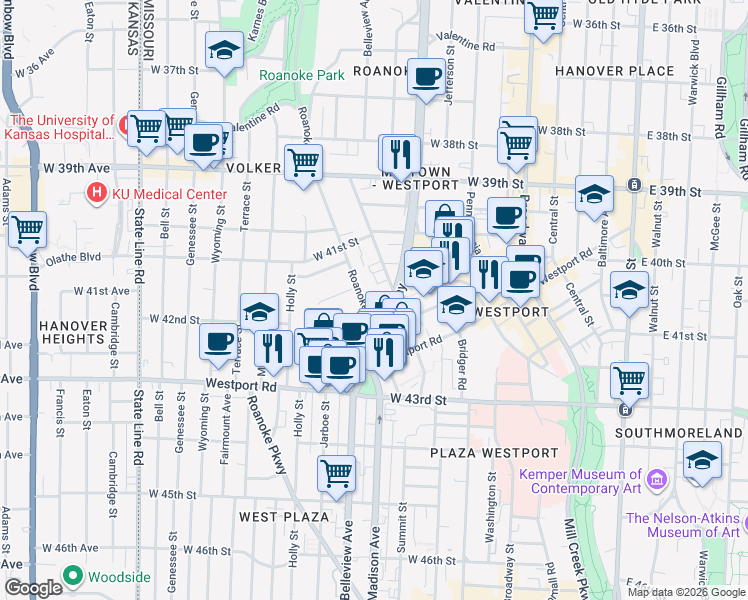 map of restaurants, bars, coffee shops, grocery stores, and more near 4201 Roanoke Road in Kansas City