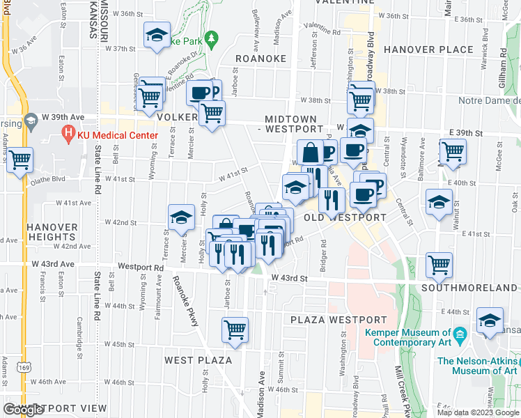 map of restaurants, bars, coffee shops, grocery stores, and more near 4201 Roanoke Road in Kansas City