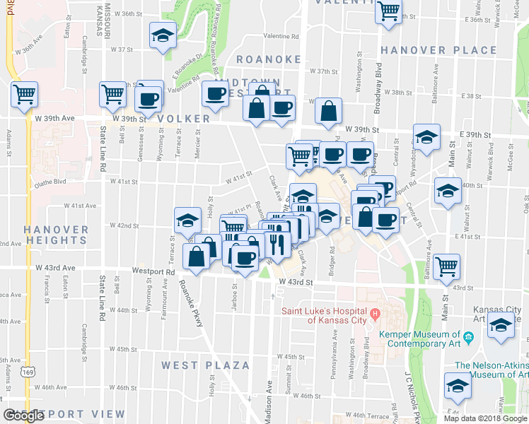 map of restaurants, bars, coffee shops, grocery stores, and more near 4201 Roanoke Road in Kansas City