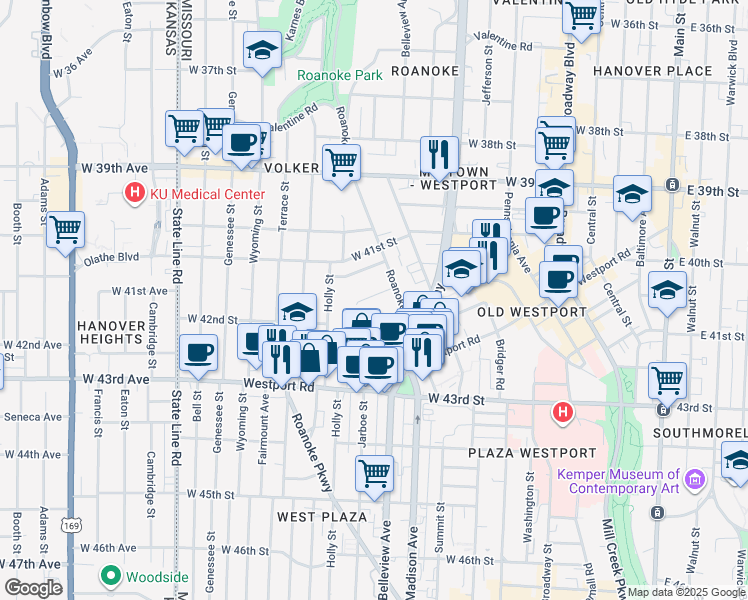 map of restaurants, bars, coffee shops, grocery stores, and more near 926 West 42nd Street in Kansas City