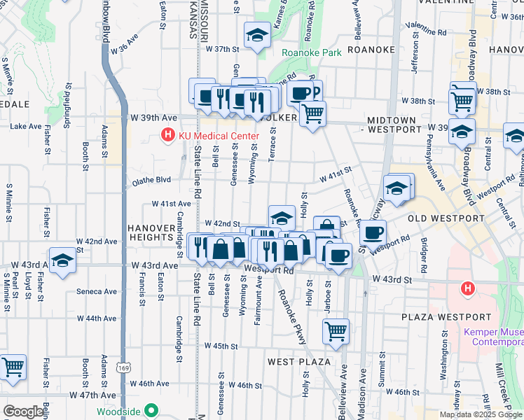 map of restaurants, bars, coffee shops, grocery stores, and more near 4146 Terrace Street in Kansas City