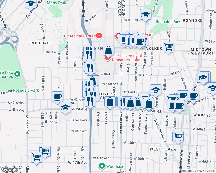 map of restaurants, bars, coffee shops, grocery stores, and more near 4157 Eaton Street in Kansas City