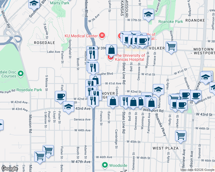 map of restaurants, bars, coffee shops, grocery stores, and more near 4157 Eaton Street in Kansas City