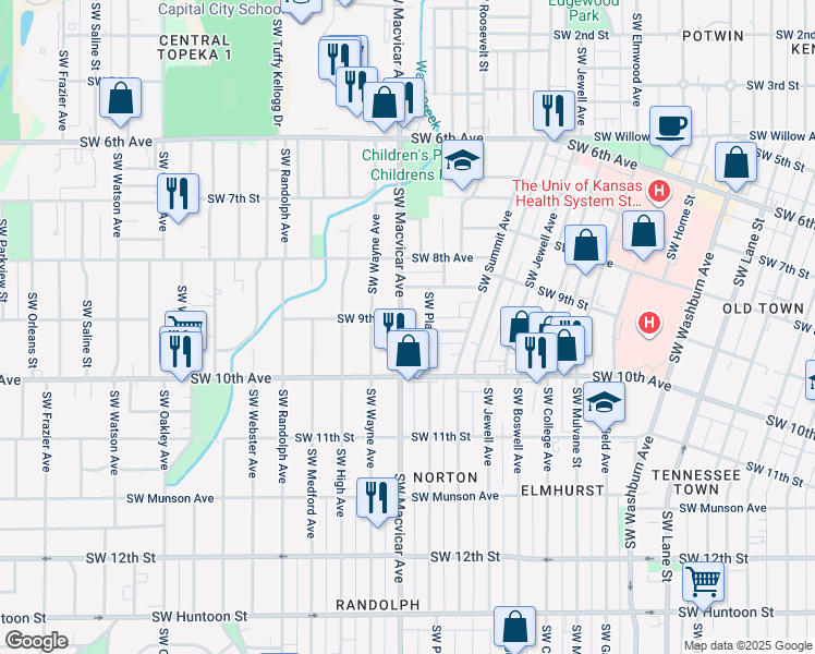 map of restaurants, bars, coffee shops, grocery stores, and more near 924 Southwest Macvicar Avenue in Topeka