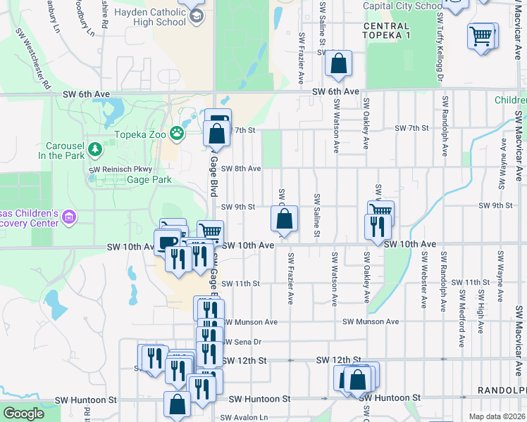 map of restaurants, bars, coffee shops, grocery stores, and more near 905 Southwest Orleans Street in Topeka