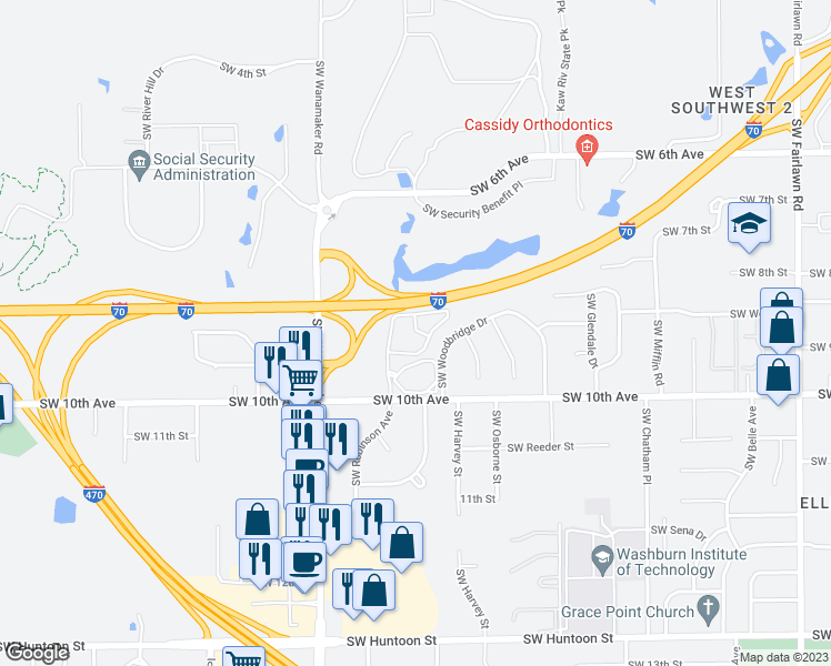 map of restaurants, bars, coffee shops, grocery stores, and more near 900 Southwest Robinson Avenue in Topeka