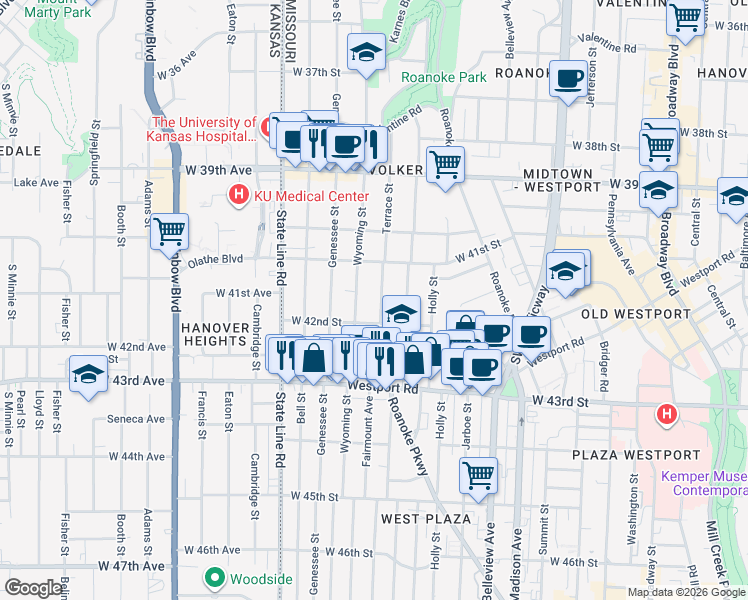 map of restaurants, bars, coffee shops, grocery stores, and more near 4146 Terrace Street in Kansas City