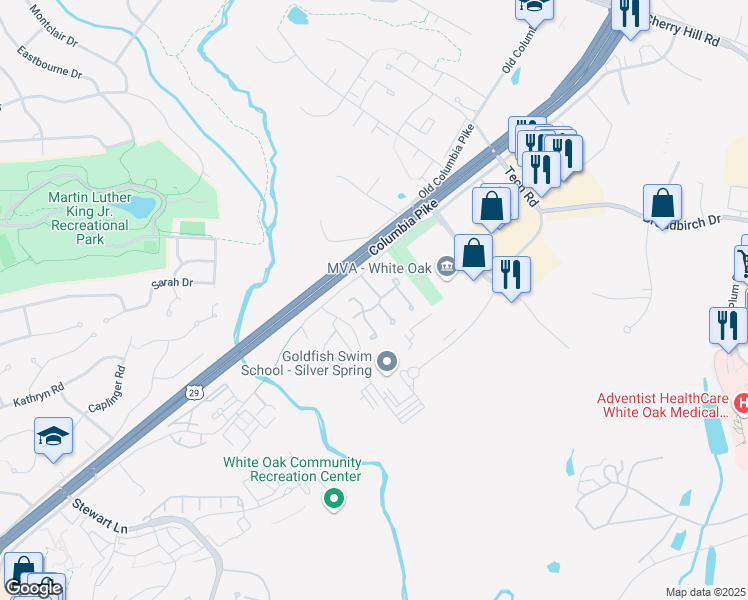 map of restaurants, bars, coffee shops, grocery stores, and more near 1830 Bronzegate Boulevard in Silver Spring