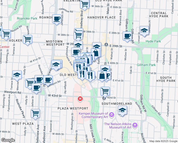 map of restaurants, bars, coffee shops, grocery stores, and more near 4111 Broadway Boulevard in Kansas City