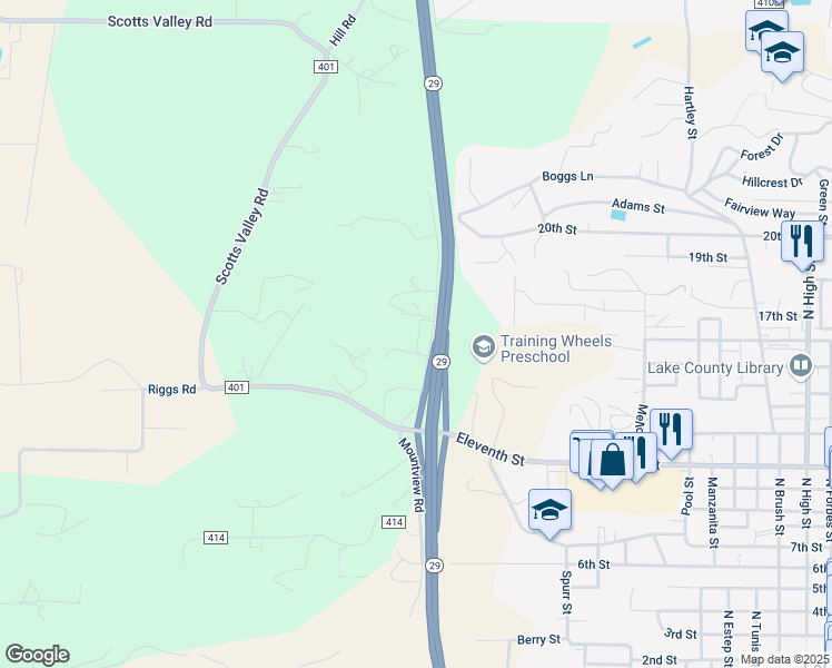 map of restaurants, bars, coffee shops, grocery stores, and more near 1335 Mountview Road in Lakeport