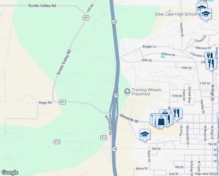 map of restaurants, bars, coffee shops, grocery stores, and more near 1235 Mountview Road in Lakeport