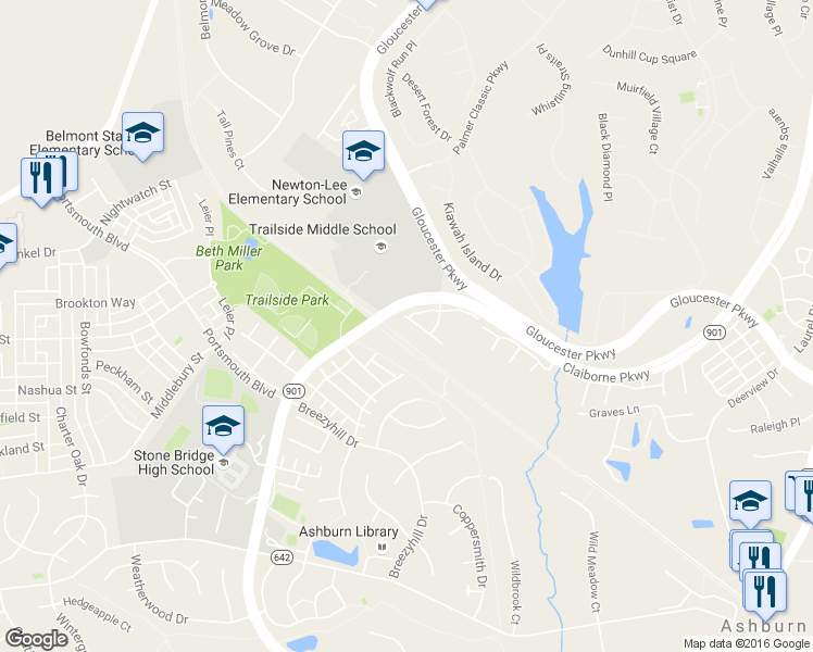 map of restaurants, bars, coffee shops, grocery stores, and more near 20365 Belmont Park Terrace in Ashburn