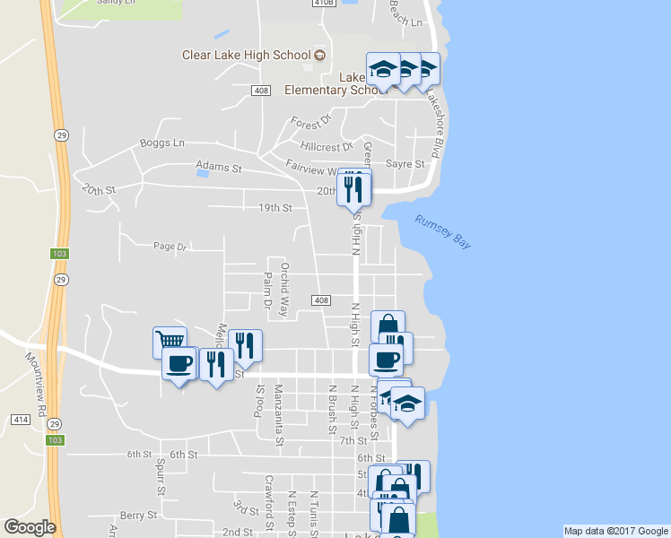 map of restaurants, bars, coffee shops, grocery stores, and more near 340 16th Street in Lakeport