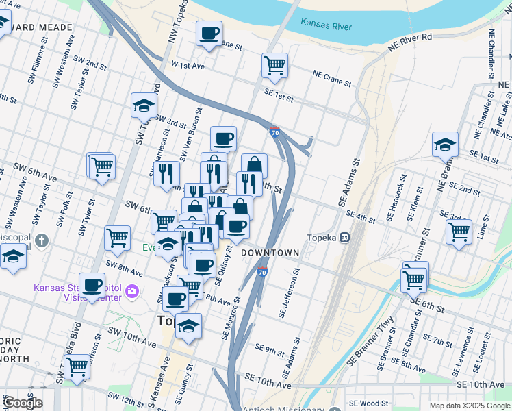 map of restaurants, bars, coffee shops, grocery stores, and more near 444 Southeast Quincy Street in Topeka