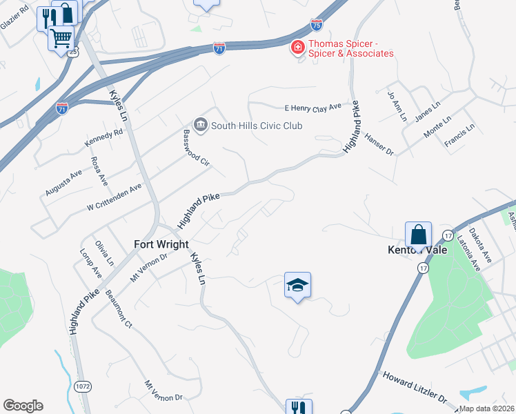 map of restaurants, bars, coffee shops, grocery stores, and more near 580 Cloverfield Lane in Fort Wright