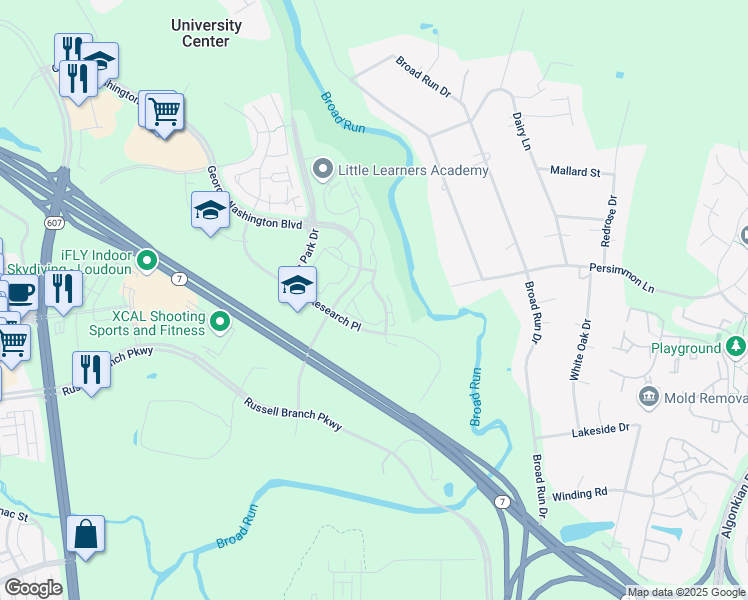 map of restaurants, bars, coffee shops, grocery stores, and more near 20329 River Ridge Terrace in Ashburn