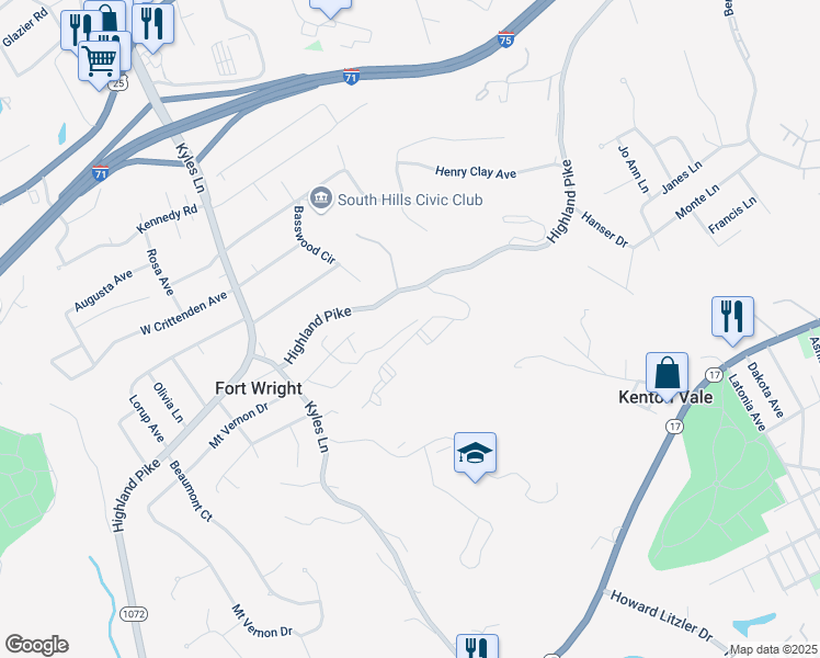 map of restaurants, bars, coffee shops, grocery stores, and more near 556-23 West Cloverfield Lane in Fort Wright