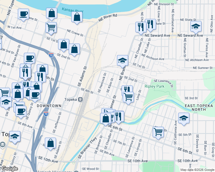 map of restaurants, bars, coffee shops, grocery stores, and more near 311 Southeast Klein Street in Topeka