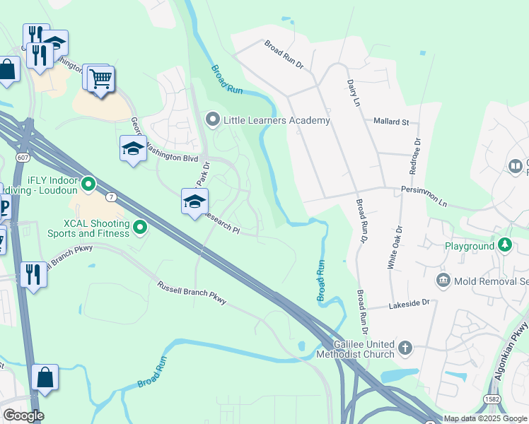 map of restaurants, bars, coffee shops, grocery stores, and more near 20334 River Ridge Terrace in Ashburn