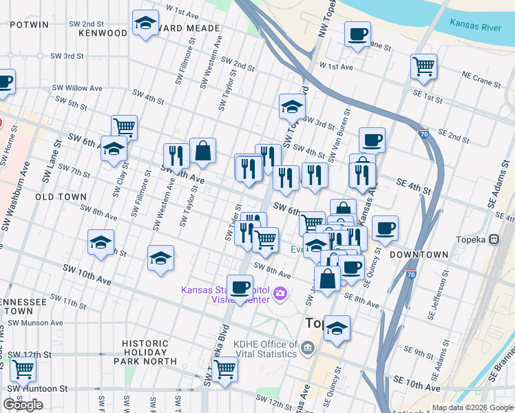 map of restaurants, bars, coffee shops, grocery stores, and more near 634-698 Southwest Topeka Boulevard in Topeka