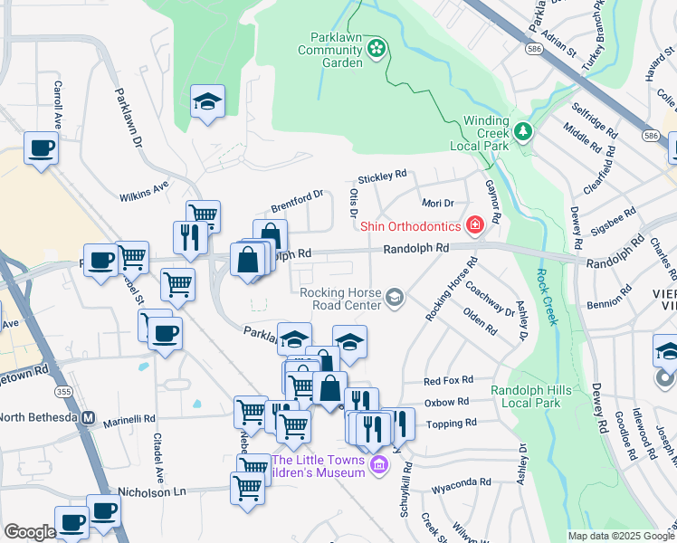 map of restaurants, bars, coffee shops, grocery stores, and more near 5012 Oakmoore Drive in North Bethesda