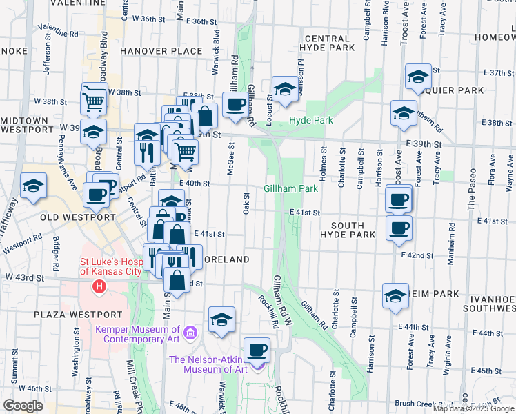 map of restaurants, bars, coffee shops, grocery stores, and more near 412 East 41st Street in Kansas City