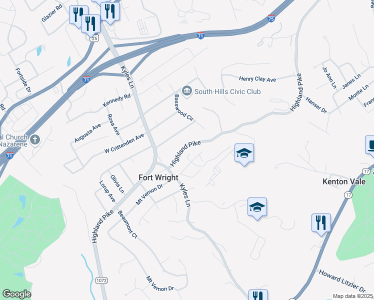 map of restaurants, bars, coffee shops, grocery stores, and more near 1640 Castle Hill Lane in Fort Wright