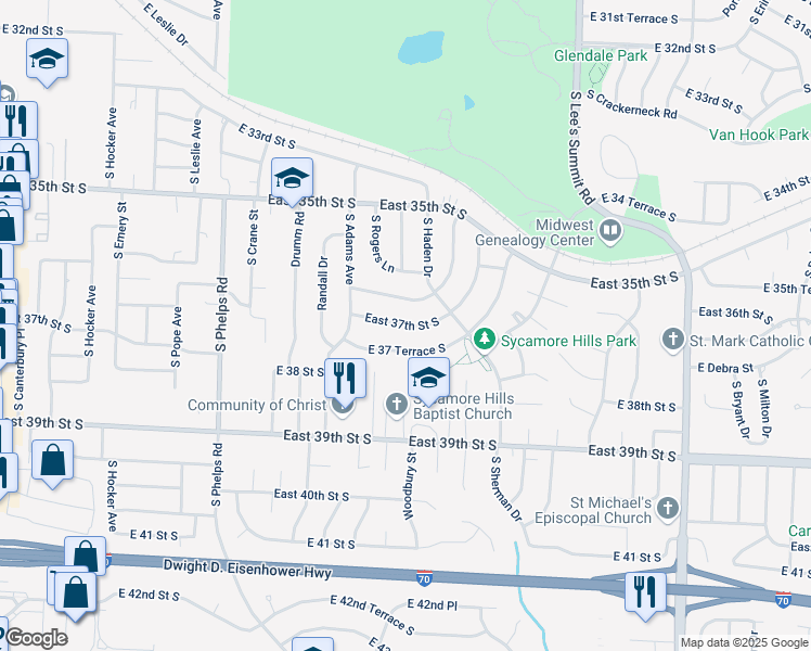 map of restaurants, bars, coffee shops, grocery stores, and more near 15410 East 37 Terrace South in Independence