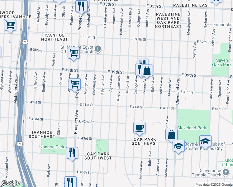 map of restaurants, bars, coffee shops, grocery stores, and more near 4025 Bellefontaine Avenue in Kansas City