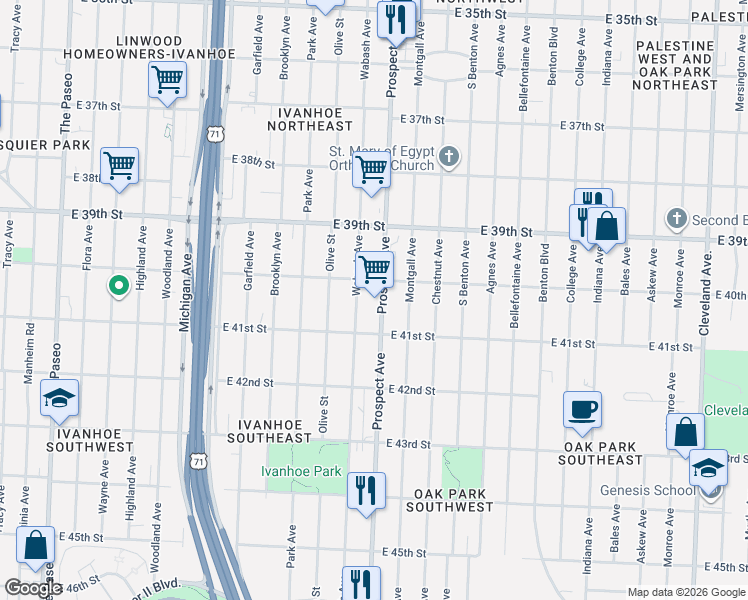 map of restaurants, bars, coffee shops, grocery stores, and more near 4030 Prospect Avenue in Kansas City