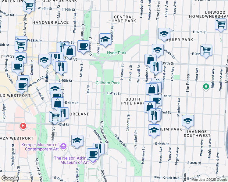 map of restaurants, bars, coffee shops, grocery stores, and more near 4105 Kenwood Avenue in Kansas City