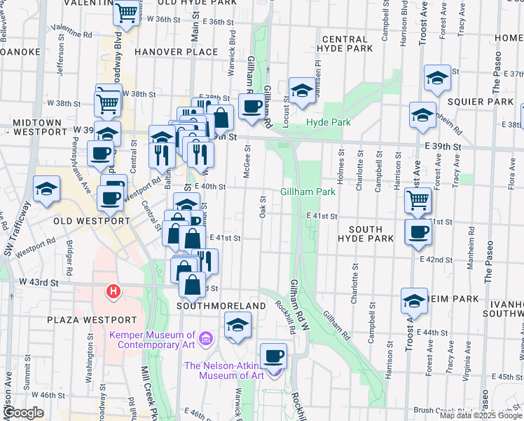 map of restaurants, bars, coffee shops, grocery stores, and more near 4104 Locust Street in Kansas City
