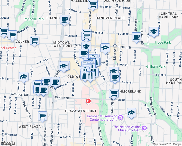 map of restaurants, bars, coffee shops, grocery stores, and more near 4116 Broadway Boulevard in Kansas City