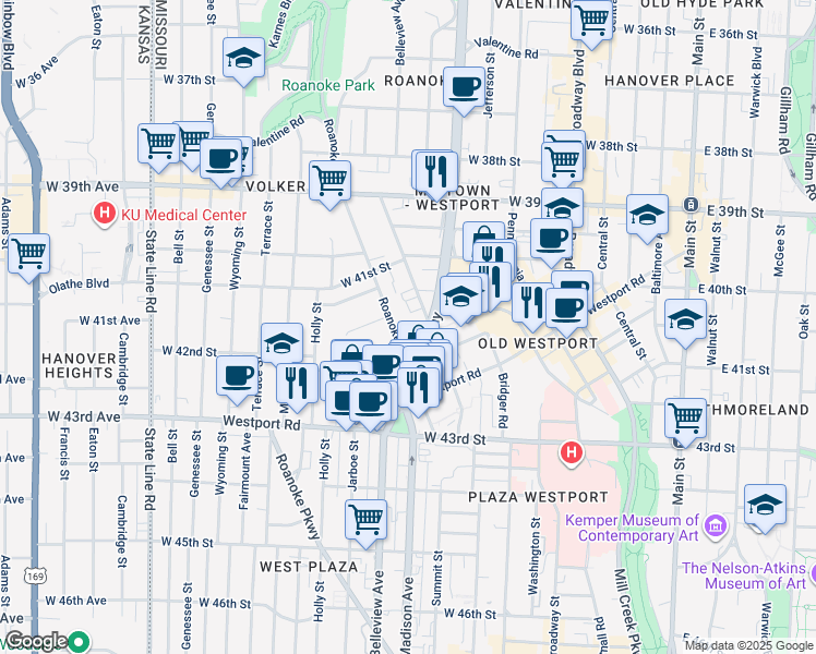 map of restaurants, bars, coffee shops, grocery stores, and more near 4201 Roanoke Road in Kansas City