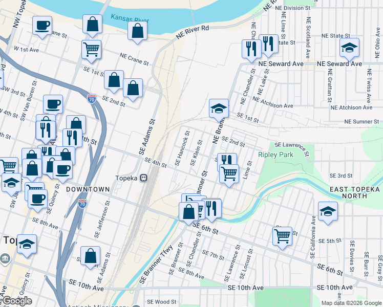 map of restaurants, bars, coffee shops, grocery stores, and more near 311 Southeast Klein Street in Topeka