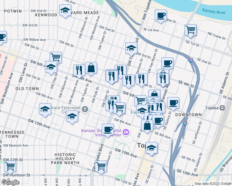 map of restaurants, bars, coffee shops, grocery stores, and more near 634-698 Southwest Topeka Boulevard in Topeka