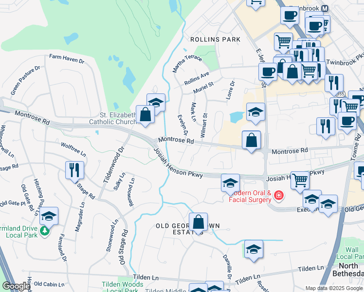 map of restaurants, bars, coffee shops, grocery stores, and more near 6406 Spring View Place in Rockville