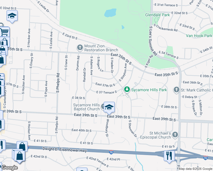 map of restaurants, bars, coffee shops, grocery stores, and more near 15410 East 37 Terrace South in Independence